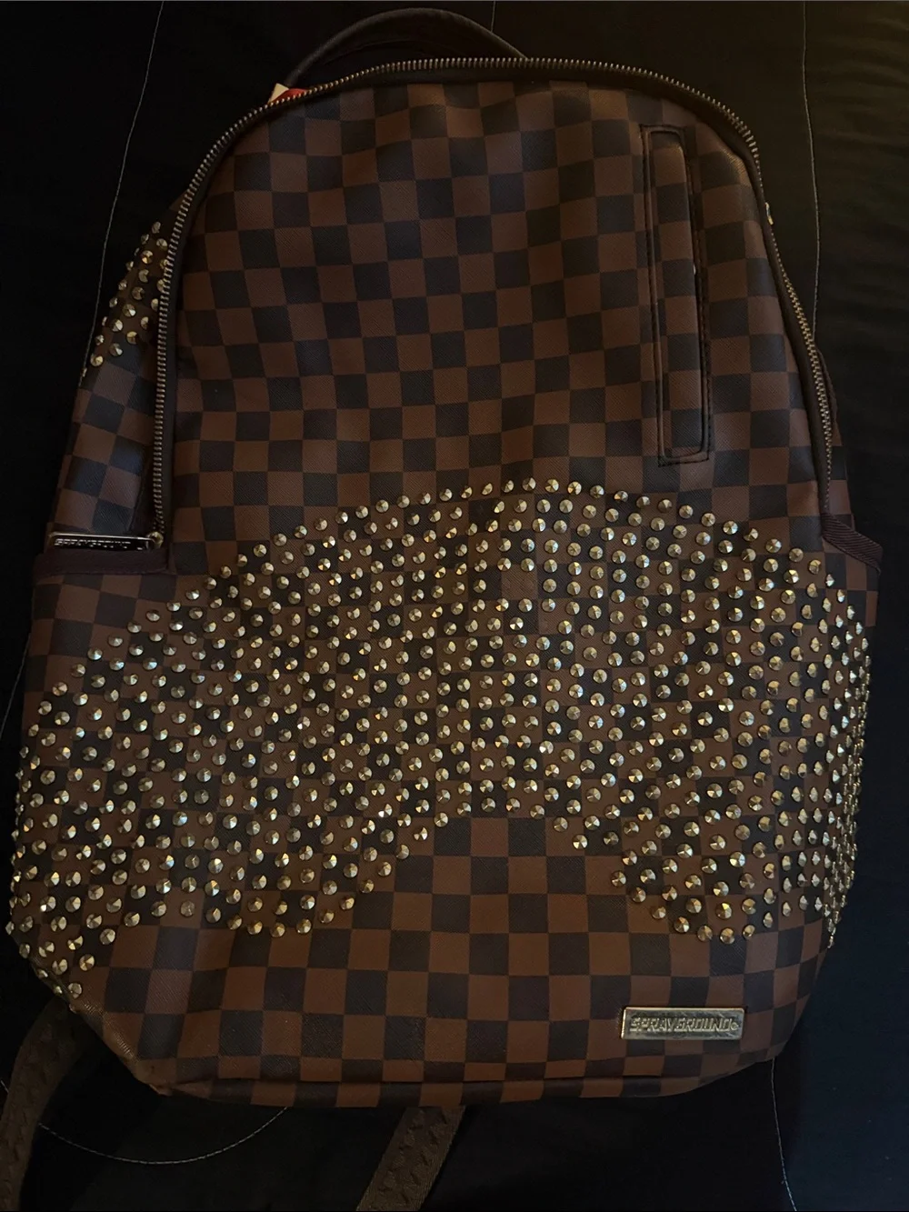 Sprayground Brown Checkered Backpack with Stud Accents